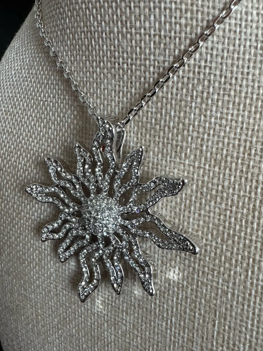 Sunburst Silver-tone Sparkling Pendant Necklace -  24” Adjustable Chain
